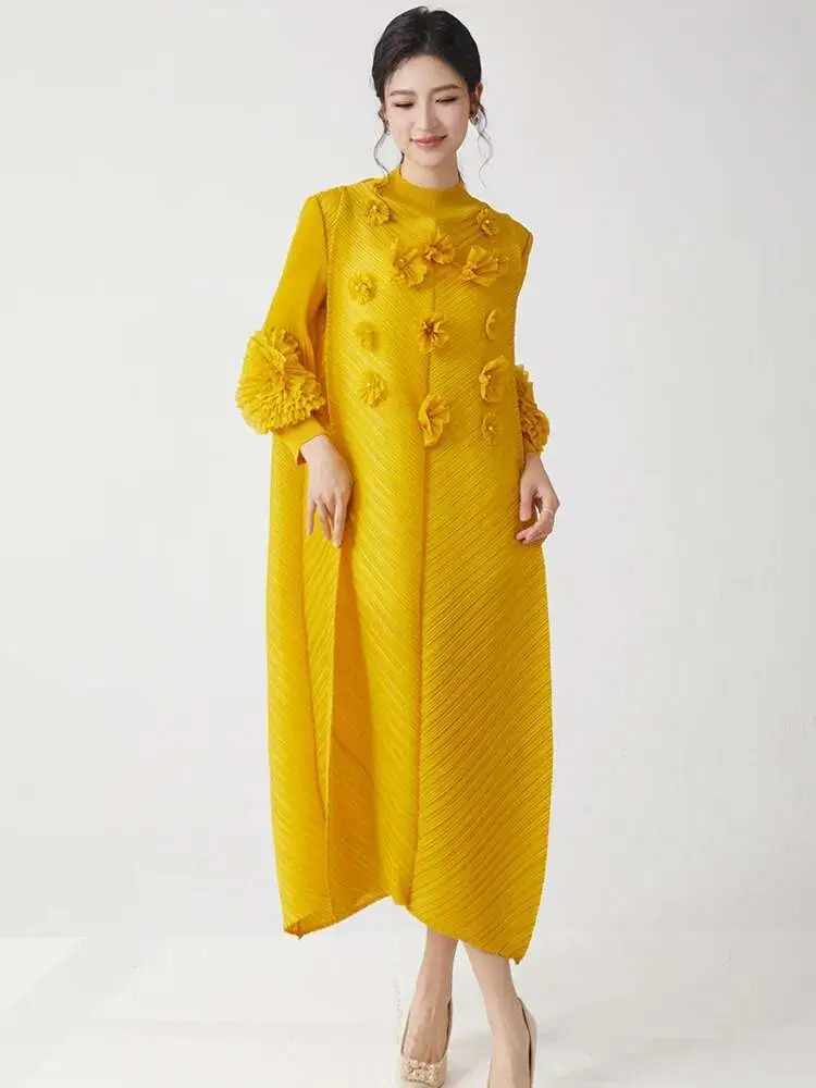 LANMREM Temperament Pleated Three-dimensional Patch Dress Women's Fashion Tide 2025 Spring Summer New O-neck Long Dresses 2DE565