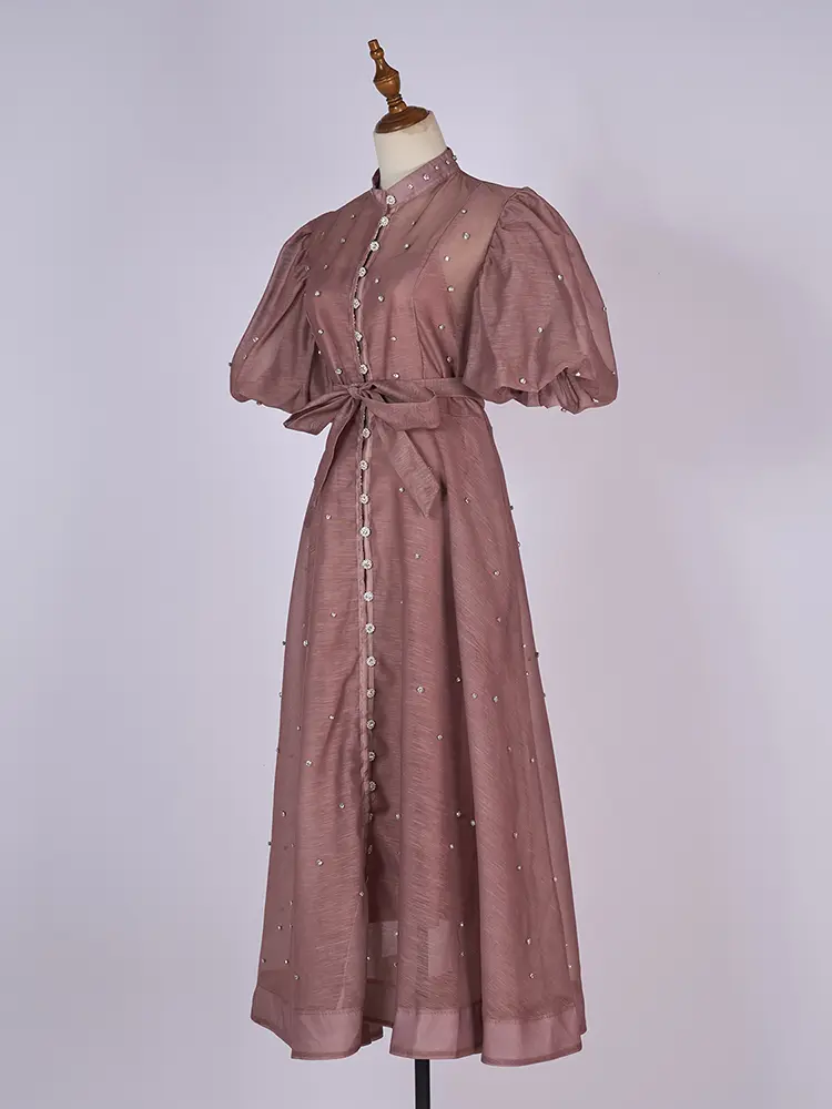 LANMREM Nail Diamond Puff  Short Sleeve Single Breasted Shirt Style Dress+Strap 2025 New Summer Stand Collar Famale Clothing