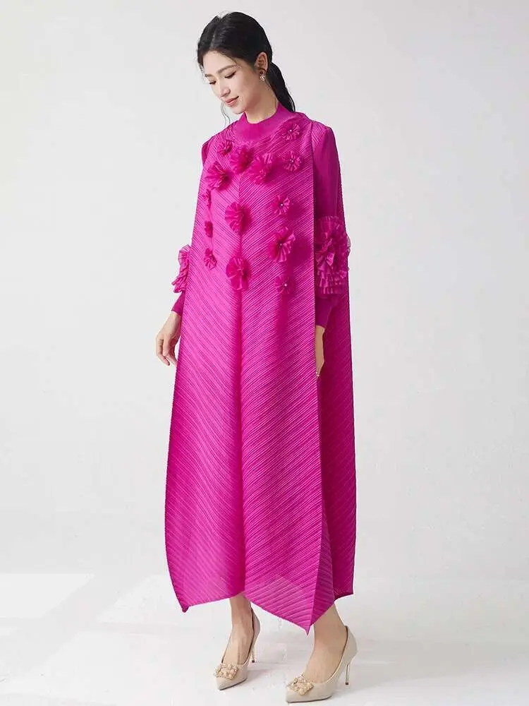 LANMREM Temperament Pleated Three-dimensional Patch Dress Women's Fashion Tide 2025 Spring Summer New O-neck Long Dresses 2DE565