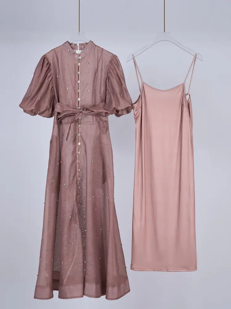 LANMREM Nail Diamond Puff  Short Sleeve Single Breasted Shirt Style Dress+Strap 2025 New Summer Stand Collar Famale Clothing