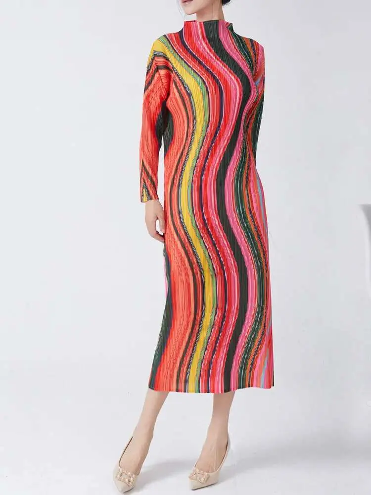 LANMREM High Collar Long Sleeve Women Dresses Contrast Color Striped Pleated Slim Mid-Calf Elegant Fashion Clothing New 2DC1022