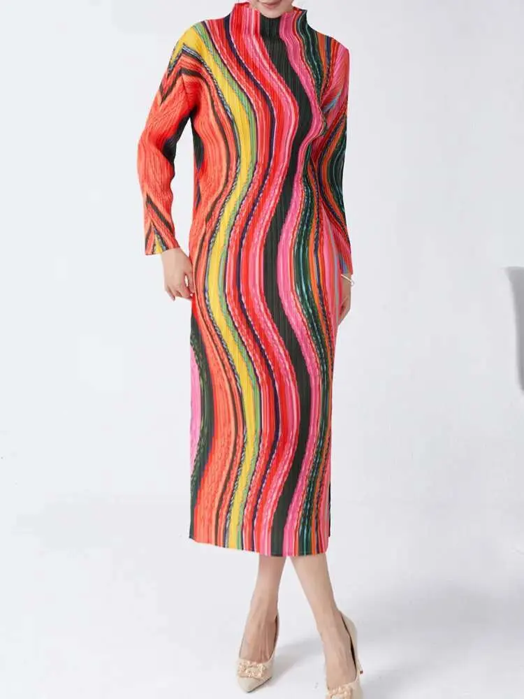 LANMREM High Collar Long Sleeve Women Dresses Contrast Color Striped Pleated Slim Mid-Calf Elegant Fashion Clothing New 2DC1022