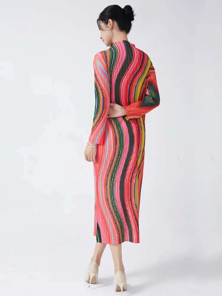 LANMREM High Collar Long Sleeve Women Dresses Contrast Color Striped Pleated Slim Mid-Calf Elegant Fashion Clothing New 2DC1022