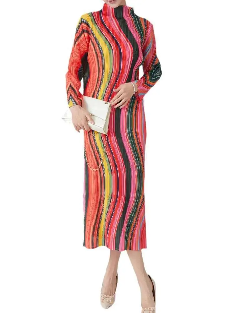 LANMREM High Collar Long Sleeve Women Dresses Contrast Color Striped Pleated Slim Mid-Calf Elegant Fashion Clothing New 2DC1022