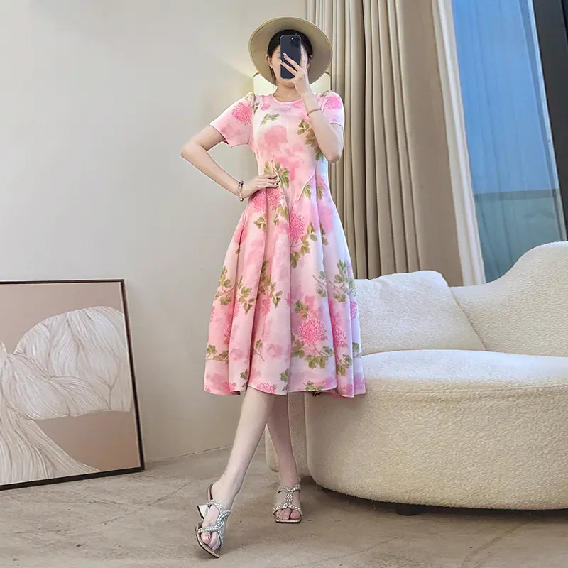 LANMREM Floral Printting Design Pleated Women's Dress Summer New Fashion Vacation Elastic High Waist Mid-Length Dresses 2DB3664