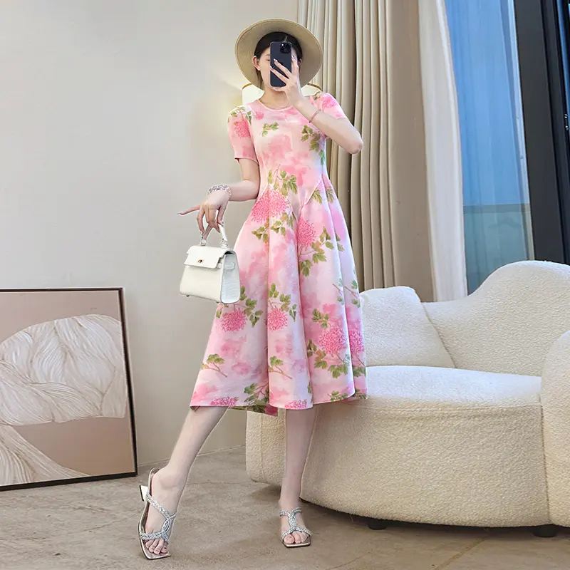 LANMREM Floral Printting Design Pleated Women's Dress Summer New Fashion Vacation Elastic High Waist Mid-Length Dresses 2DB3664