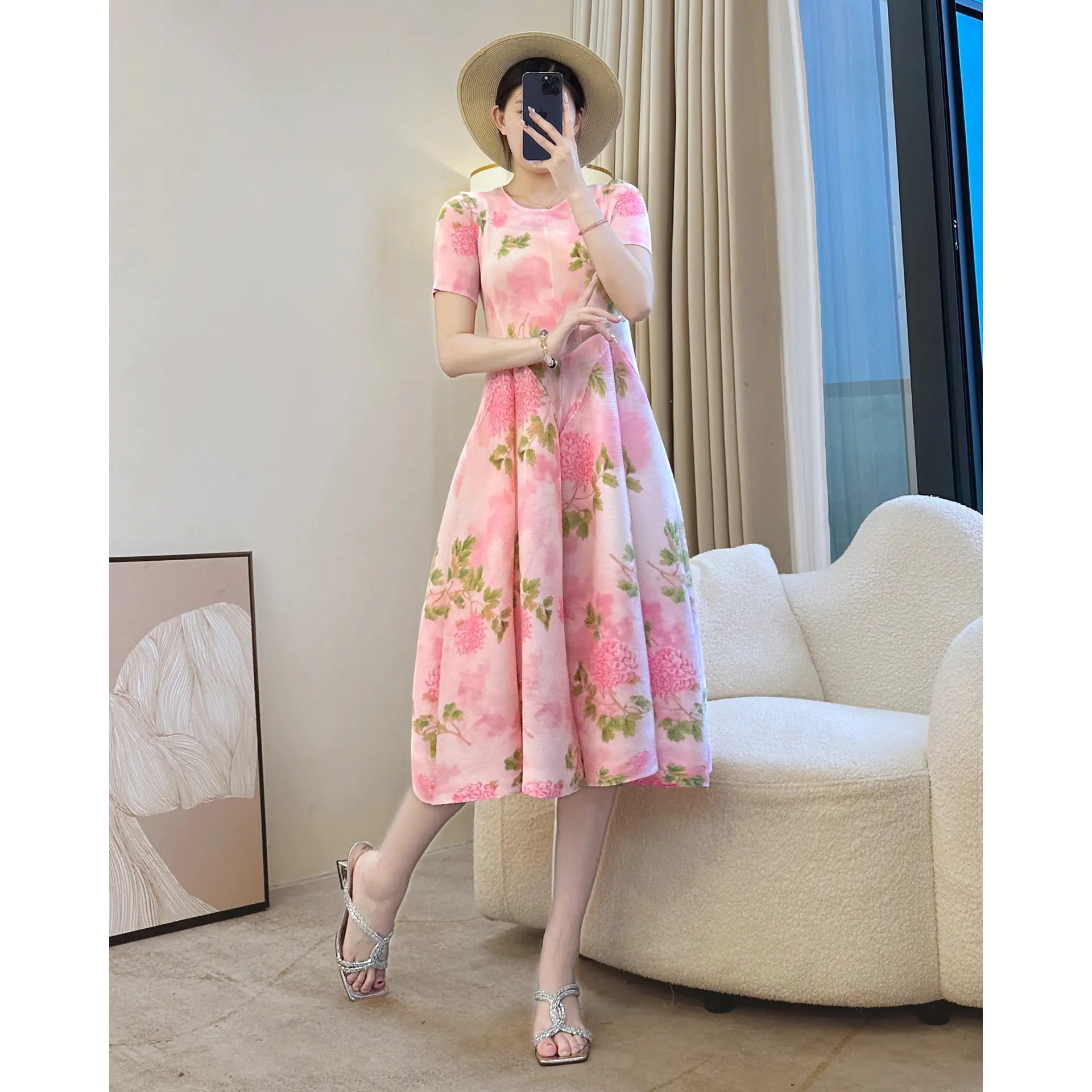 LANMREM Floral Printting Design Pleated Women's Dress Summer New Fashion Vacation Elastic High Waist Mid-Length Dresses 2DB3664
