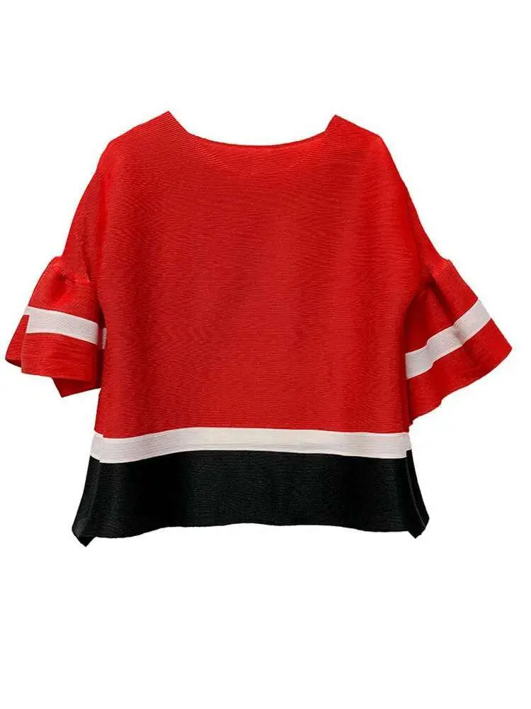 LANMREM Color Block Pleated T-shirt For Women 2024 Summer Round Neck Flare Sleeves Striped Shirt Ladies Casual Top 2R2885