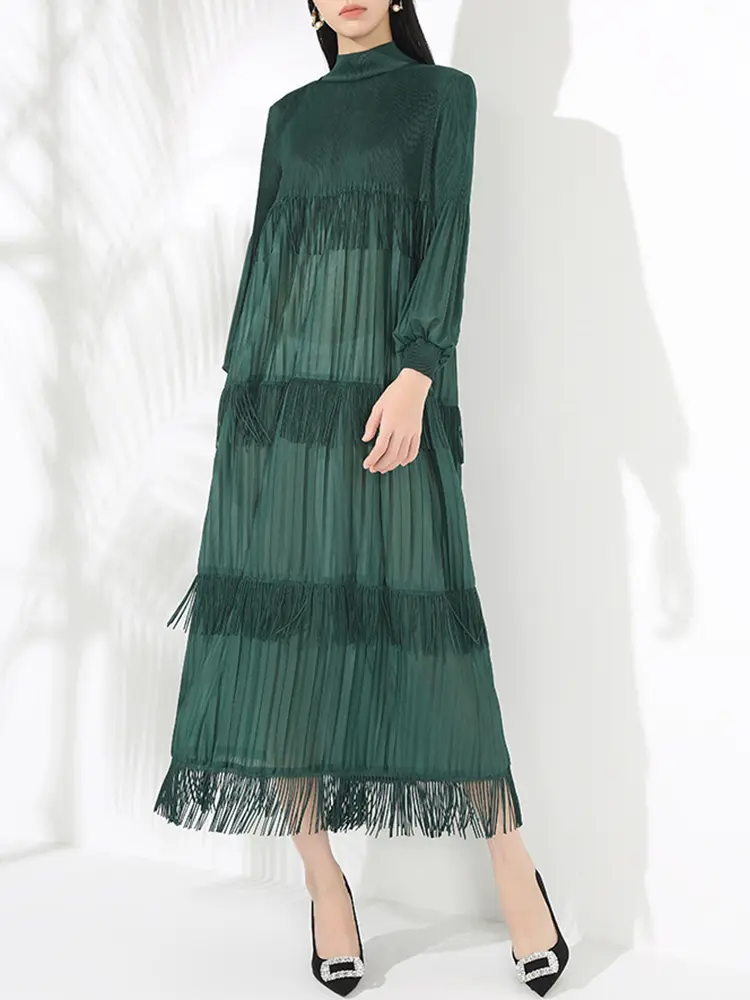 LANMREM Elegant Party Pleated Long Dress For Women Stand Collar Tassel Design Solid Color Dresses 2025 Spring New 2VV2054