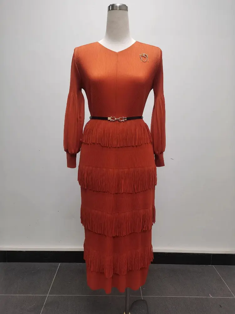 LANMREM Tassel Spliced Design Women's Pleated Dress V-neck Lantern Long Sleeves Elastic Loose Orange Red Famale Dresses 2DB3476