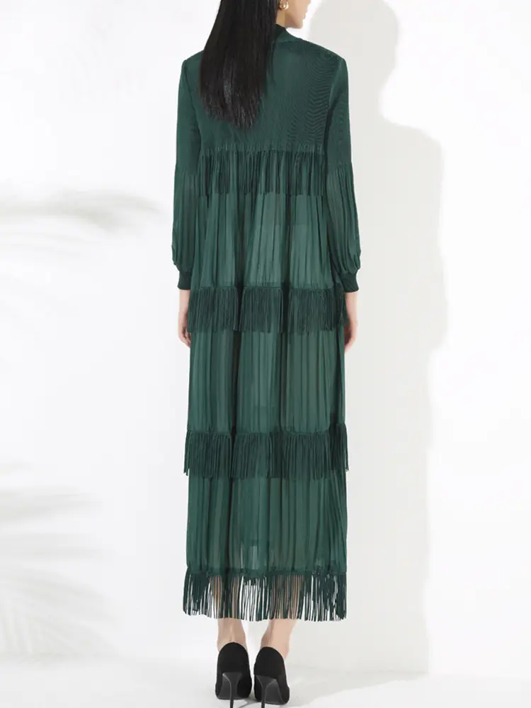 LANMREM Elegant Party Pleated Long Dress For Women Stand Collar Tassel Design Solid Color Dresses 2025 Spring New 2VV2054