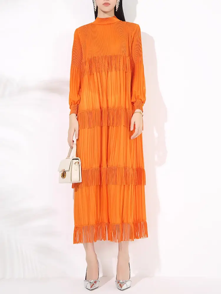 LANMREM Elegant Party Pleated Long Dress For Women Stand Collar Tassel Design Solid Color Dresses 2025 Spring New 2VV2054