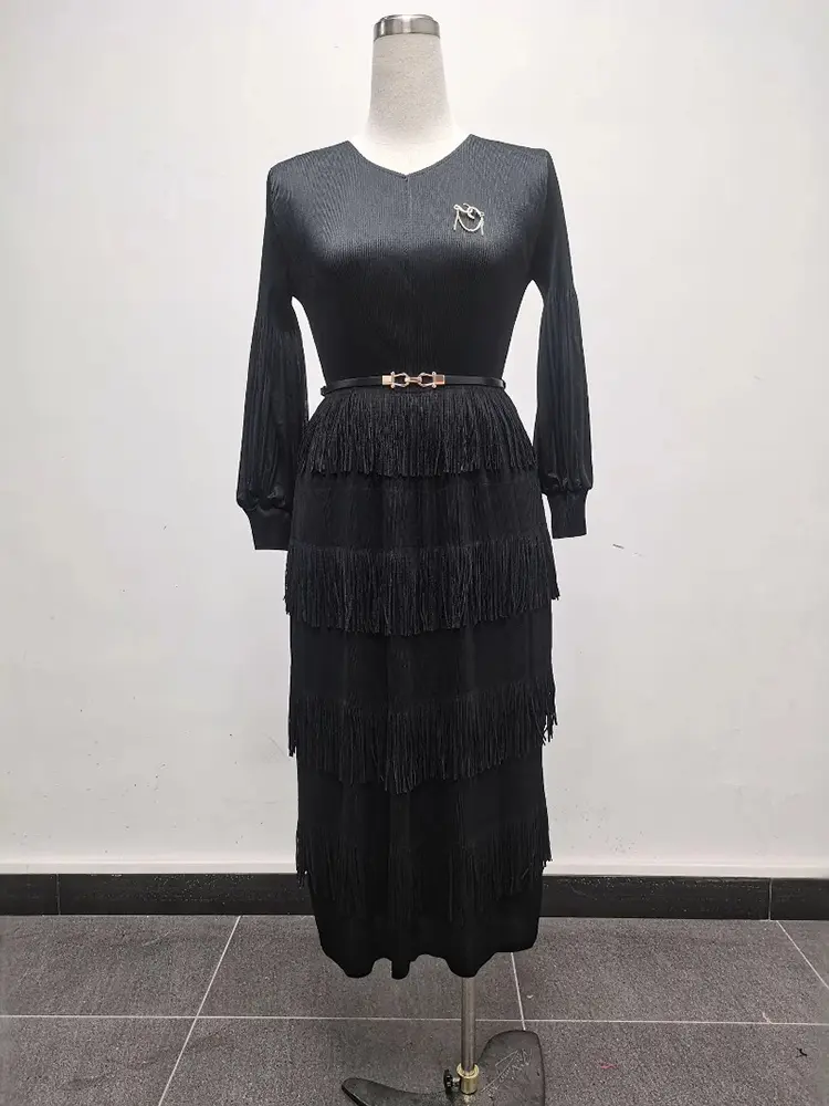 LANMREM Tassel Spliced Design Women's Pleated Dress V-neck Lantern Long Sleeves Elastic Loose Orange Red Famale Dresses 2DB3476