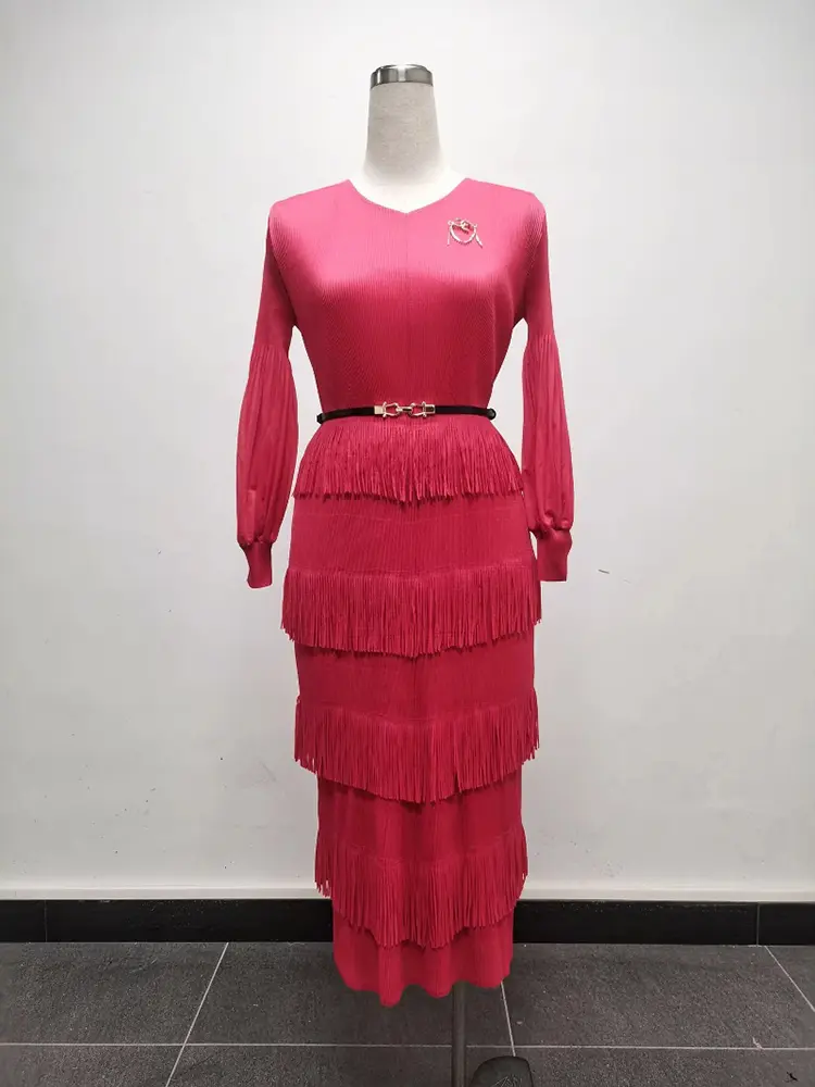 LANMREM Tassel Spliced Design Women's Pleated Dress V-neck Lantern Long Sleeves Elastic Loose Orange Red Famale Dresses 2DB3476