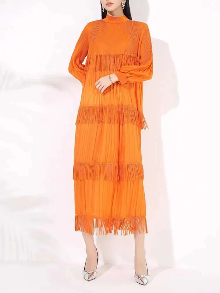 LANMREM Elegant Party Pleated Long Dress For Women Stand Collar Tassel Design Solid Color Dresses 2025 Spring New 2VV2054