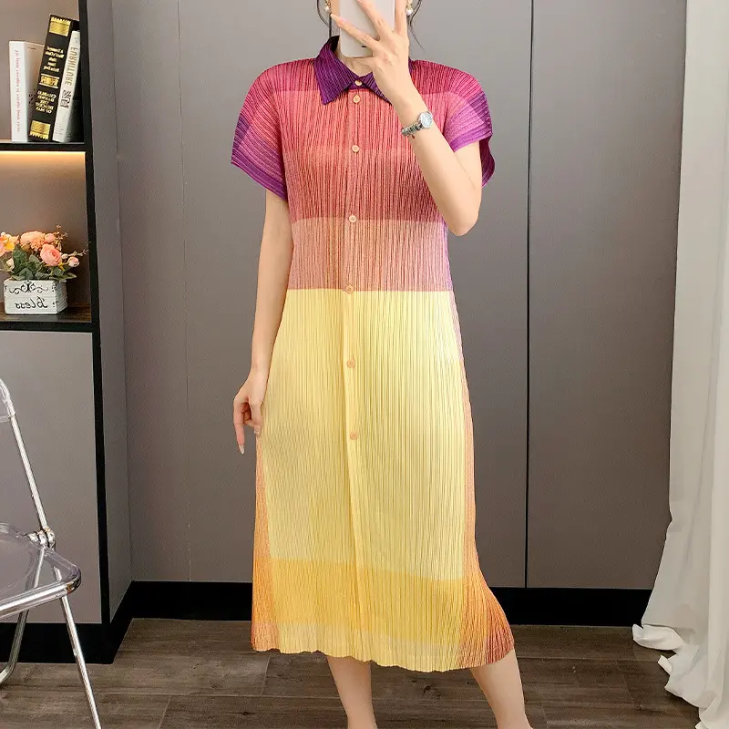 LANMREM Pleated 2025 New Printed Turn-down Collar High-end Women's Dress Gradient Colorblock Single Breasted Dresses 2DB3743