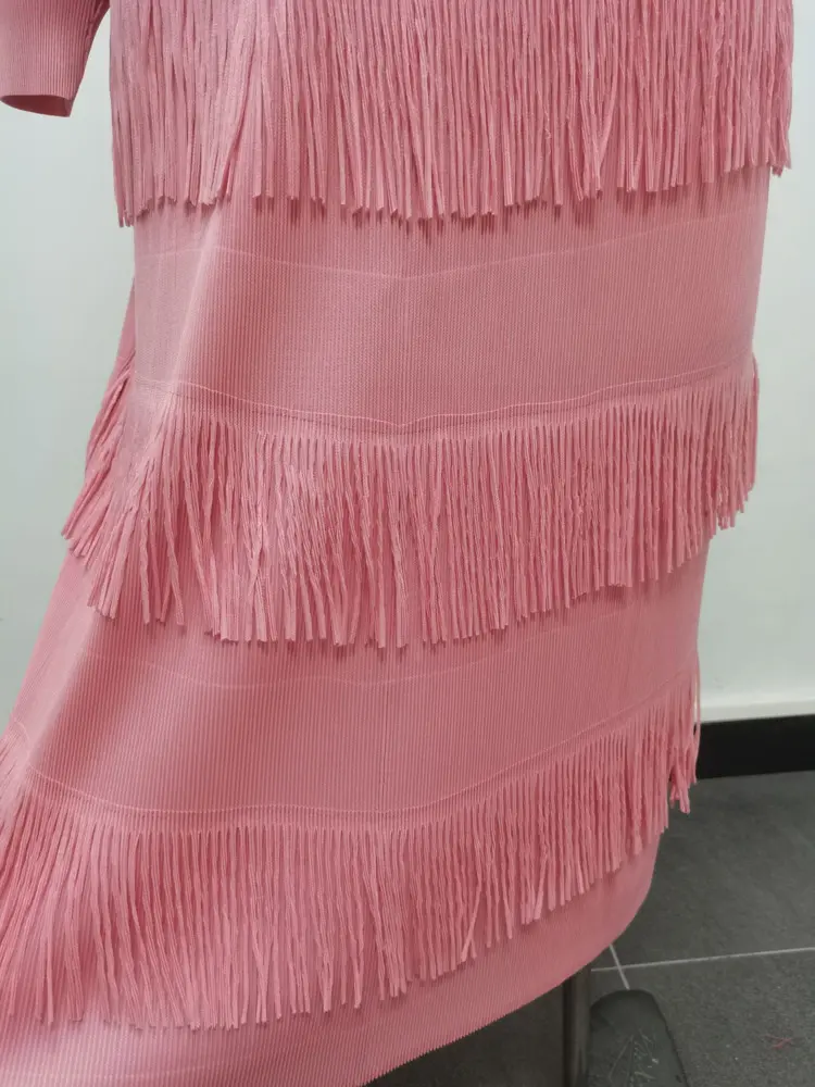 LANMREM Tassel Spliced Design Women's Pleated Dress V-neck Lantern Long Sleeves Elastic Loose Orange Red Famale Dresses 2DB3476