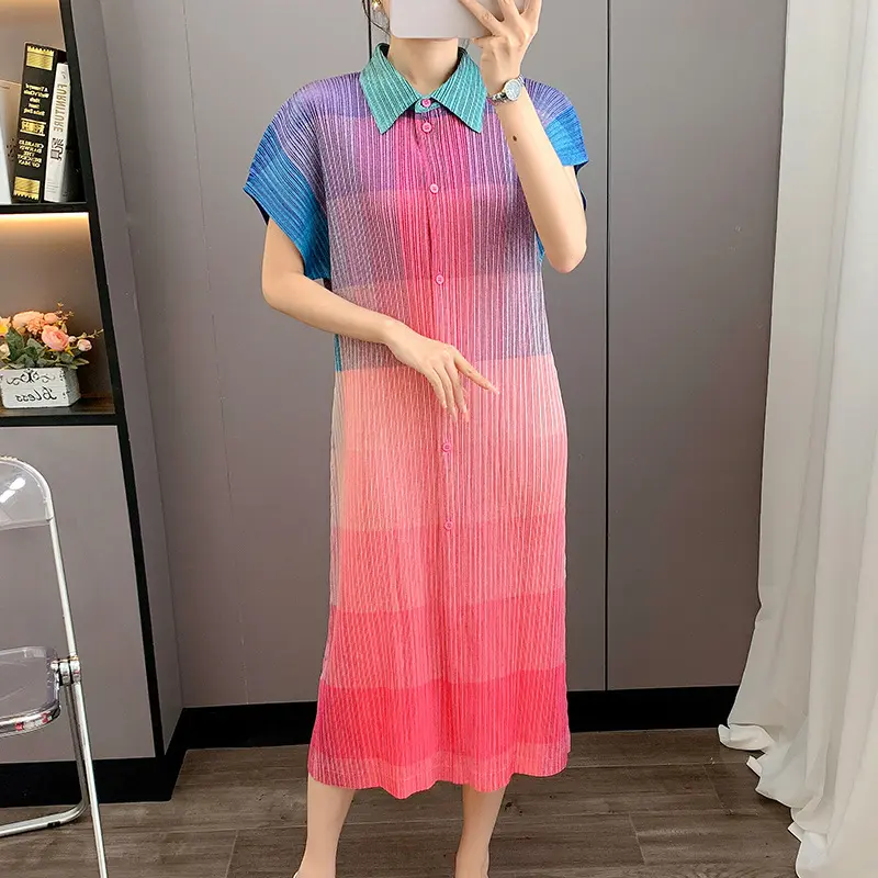 LANMREM Pleated 2025 New Printed Turn-down Collar High-end Women's Dress Gradient Colorblock Single Breasted Dresses 2DB3743