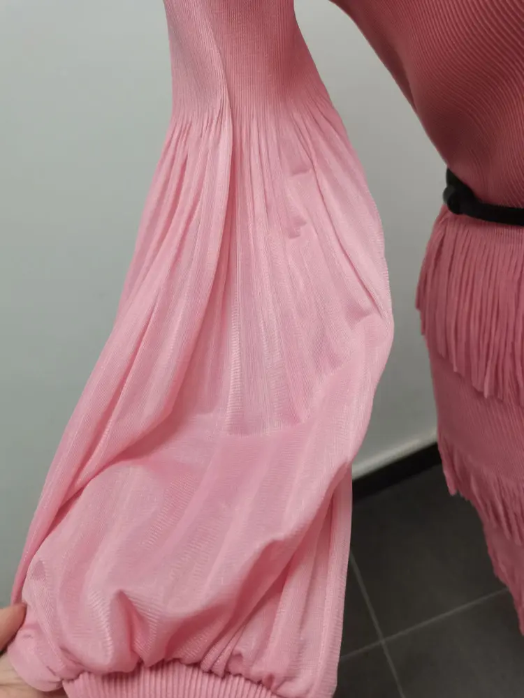 LANMREM Tassel Spliced Design Women's Pleated Dress V-neck Lantern Long Sleeves Elastic Loose Orange Red Famale Dresses 2DB3476
