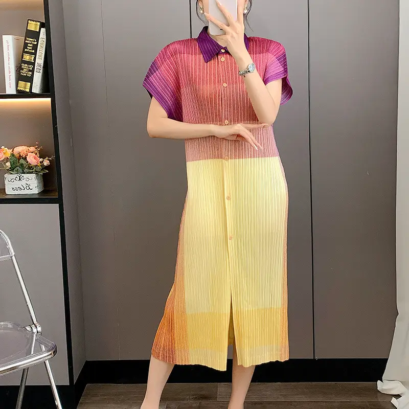 LANMREM Pleated 2025 New Printed Turn-down Collar High-end Women's Dress Gradient Colorblock Single Breasted Dresses 2DB3743