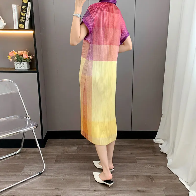 LANMREM Pleated 2025 New Printed Turn-down Collar High-end Women's Dress Gradient Colorblock Single Breasted Dresses 2DB3743