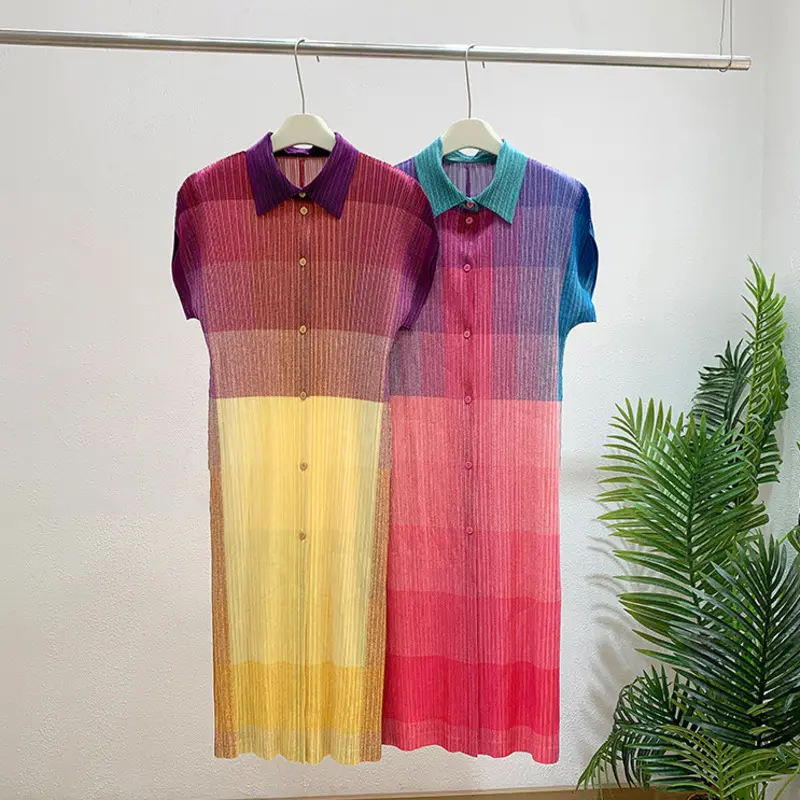 LANMREM Pleated 2025 New Printed Turn-down Collar High-end Women's Dress Gradient Colorblock Single Breasted Dresses 2DB3743