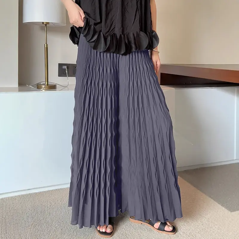 LANMREM Pleated New Elastic Waist Women's Wide Leg Pants Chic Elegant Design Handmade Pleated Stretch Loose Long Pants 2DB3646