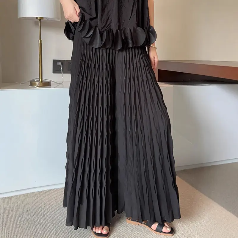 LANMREM Pleated New Elastic Waist Women's Wide Leg Pants Chic Elegant Design Handmade Pleated Stretch Loose Long Pants 2DB3646