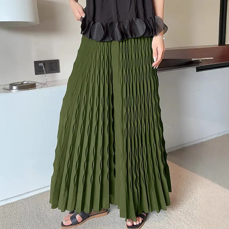 LANMREM Pleated New Elastic Waist Women's Wide Leg Pants Chic Elegant Design Handmade Pleated Stretch Loose Long Pants 2DB3646