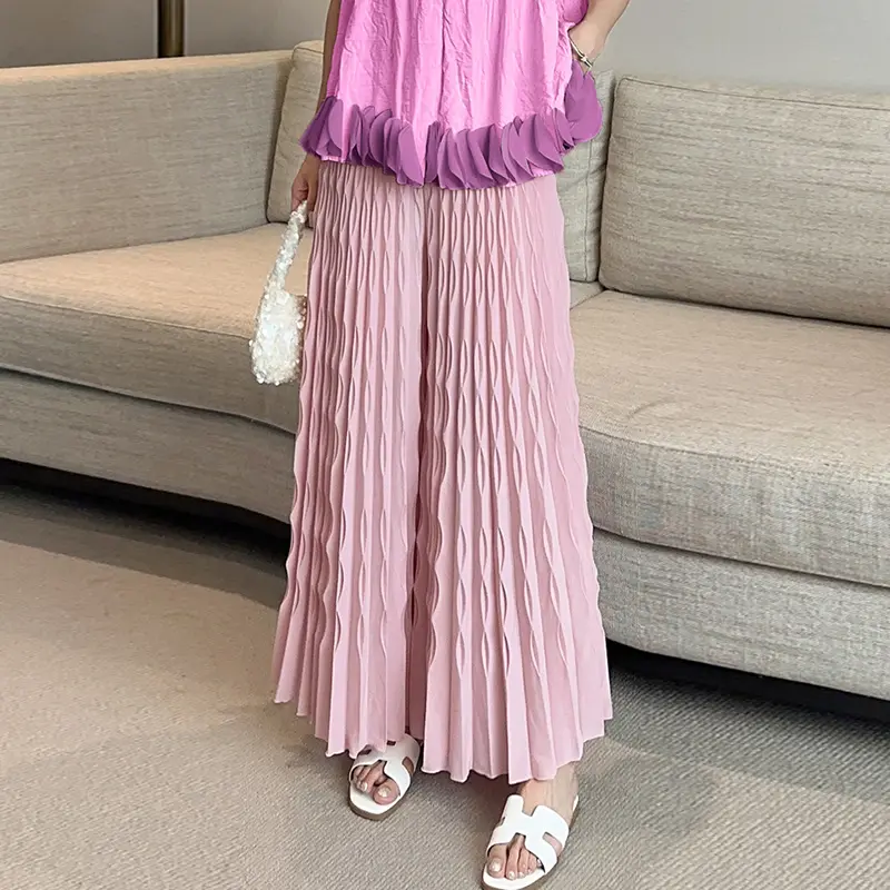 LANMREM Pleated New Elastic Waist Women's Wide Leg Pants Chic Elegant Design Handmade Pleated Stretch Loose Long Pants 2DB3646