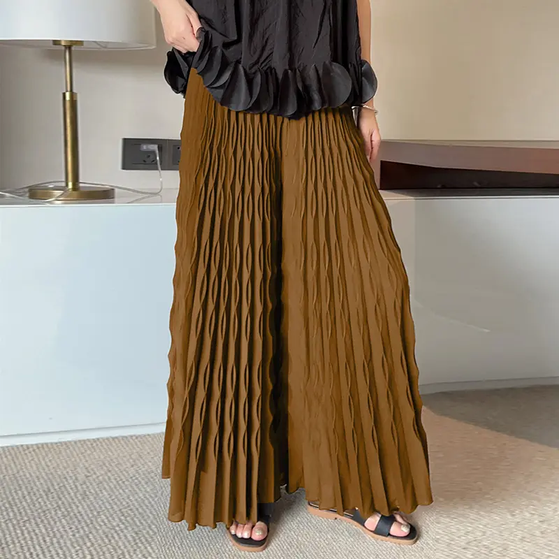 LANMREM Pleated New Elastic Waist Women's Wide Leg Pants Chic Elegant Design Handmade Pleated Stretch Loose Long Pants 2DB3646