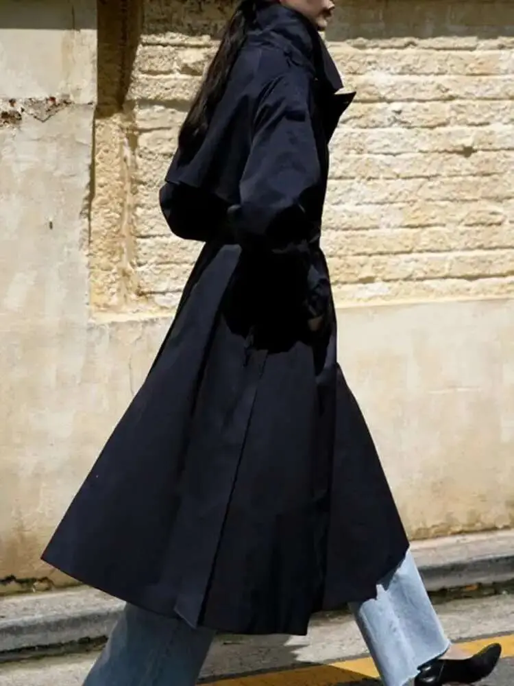 LANMREM Korean Fashion Trench Coat For Women Lapel Long Sleeves Single Breasted Belt Long Coat Female Clothing 2025 New 2YA896