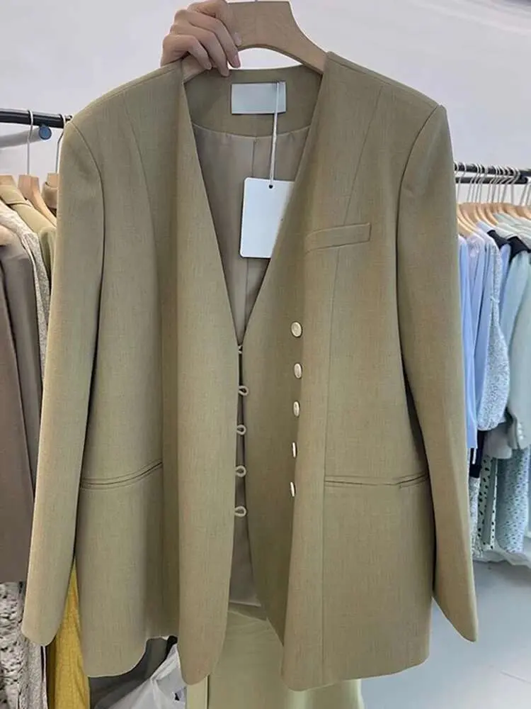 LANMREM V Neck Blazer Coat For Women Long Sleeves Single Breasted Split Office Lady Fashion Clothing 2025 Chic New Suit 2DA5302