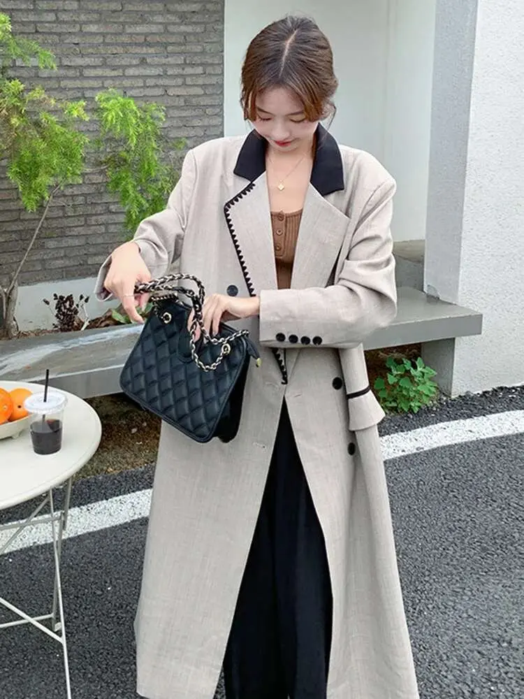 LANMREM Office Lady Long Blazer Notched Collar Double Breasted Back Split Design Women Coat Fashion 2023 Autumn New 2AA2569