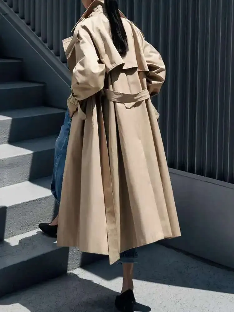 LANMREM Korean Fashion Trench Coat For Women Lapel Long Sleeves Single Breasted Belt Long Coat Female Clothing 2025 New 2YA896