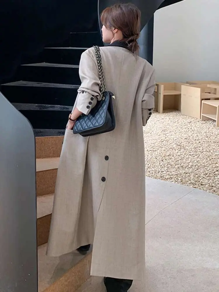 LANMREM Office Lady Long Blazer Notched Collar Double Breasted Back Split Design Women Coat Fashion 2023 Autumn New 2AA2569