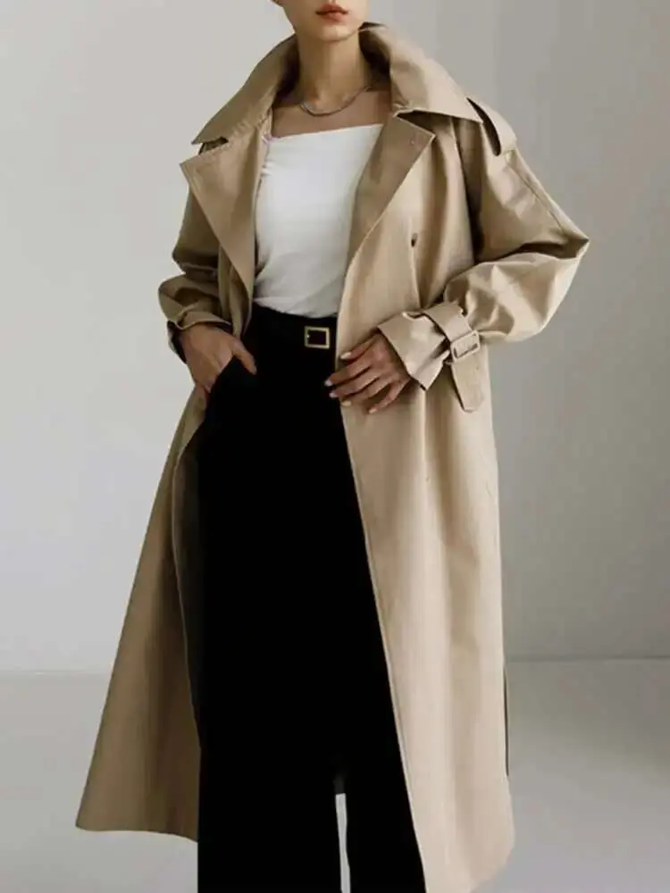 LANMREM Korean Fashion Trench Coat For Women Lapel Long Sleeves Single Breasted Belt Long Coat Female Clothing 2025 New 2YA896