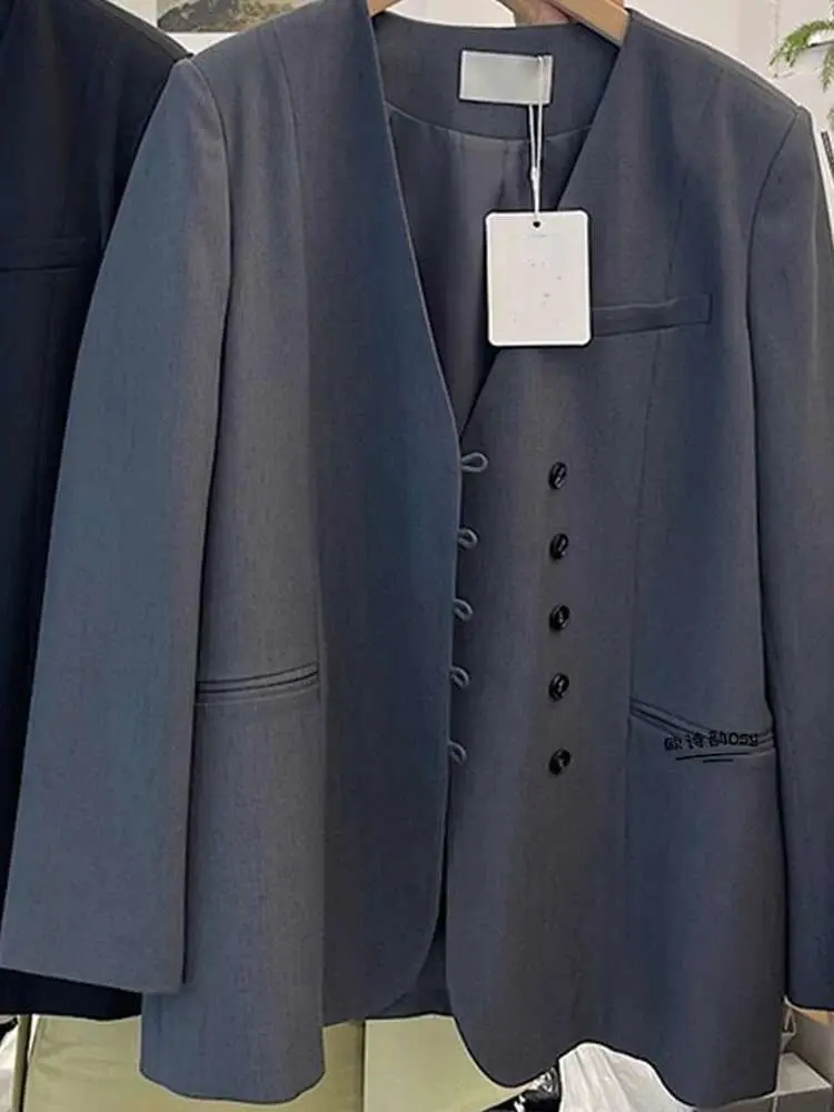 LANMREM V Neck Blazer Coat For Women Long Sleeves Single Breasted Split Office Lady Fashion Clothing 2025 Chic New Suit 2DA5302