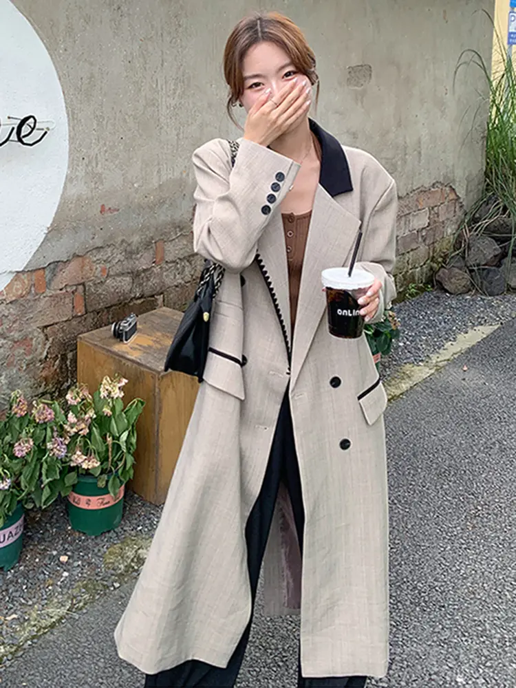 LANMREM Office Lady Long Blazer Notched Collar Double Breasted Back Split Design Women Coat Fashion 2023 Autumn New 2AA2569