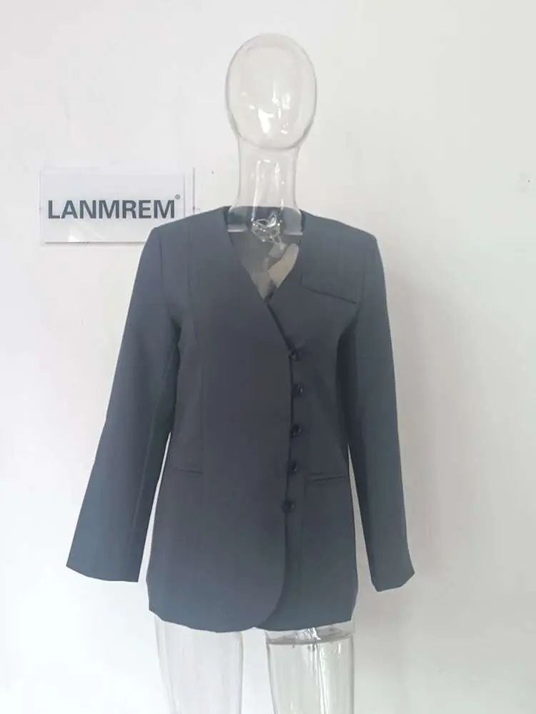 LANMREM V Neck Blazer Coat For Women Long Sleeves Single Breasted Split Office Lady Fashion Clothing 2025 Chic New Suit 2DA5302