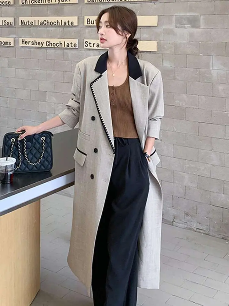 LANMREM Office Lady Long Blazer Notched Collar Double Breasted Back Split Design Women Coat Fashion 2023 Autumn New 2AA2569