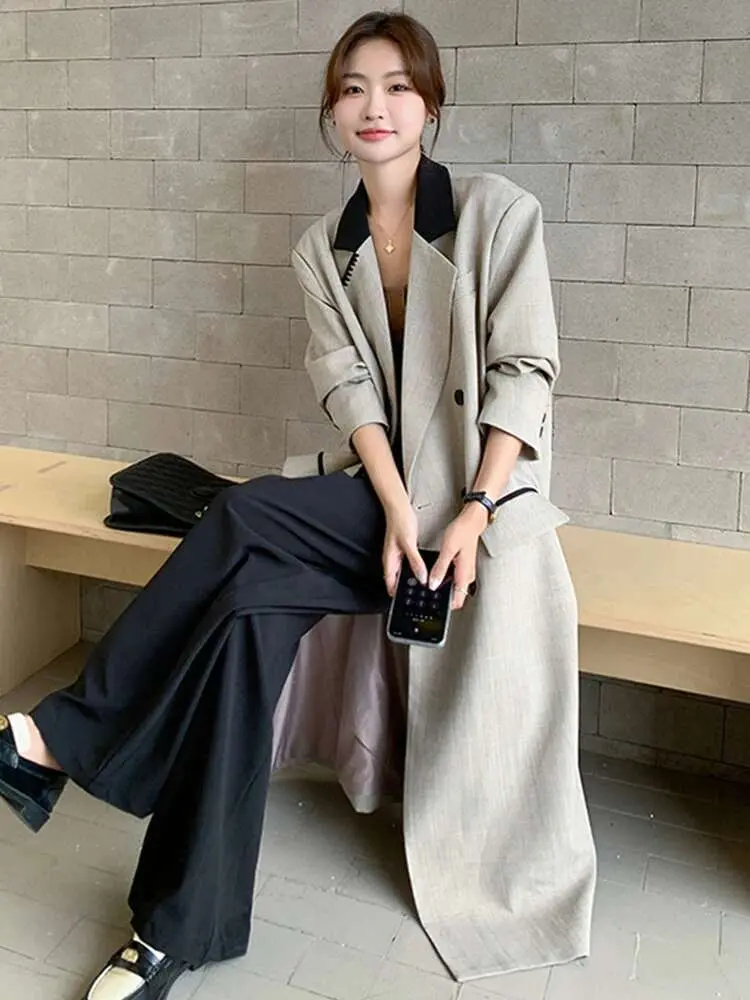 LANMREM Office Lady Long Blazer Notched Collar Double Breasted Back Split Design Women Coat Fashion 2023 Autumn New 2AA2569