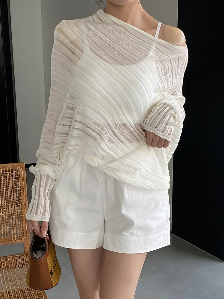 LANMREM Semitransparent Pullover Kintting Women's T-shirt 2025 Summer New Loose Casual Batwing Long Sleeve White Tops 2DB3120