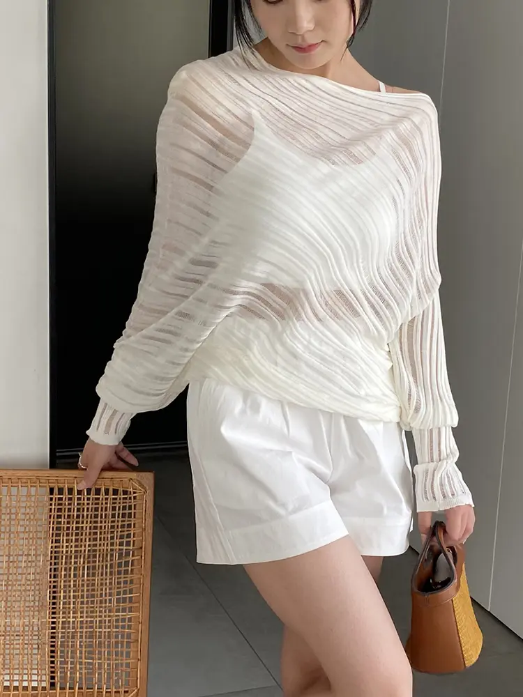 LANMREM Semitransparent Pullover Kintting Women's T-shirt 2025 Summer New Loose Casual Batwing Long Sleeve White Tops 2DB3120