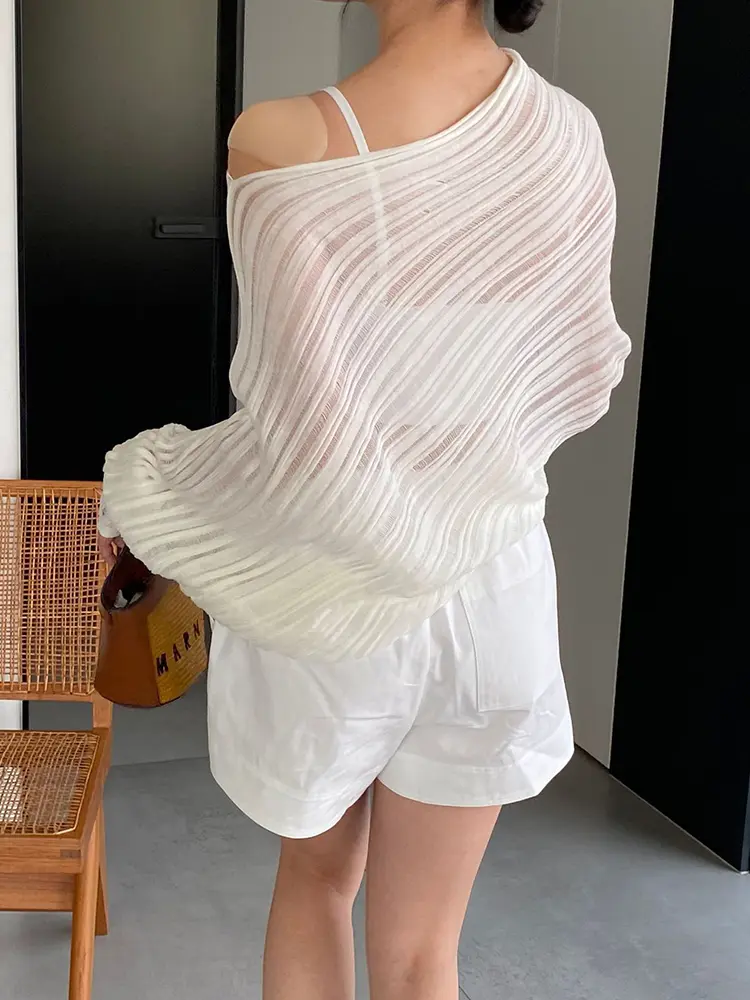 LANMREM Semitransparent Pullover Kintting Women's T-shirt 2025 Summer New Loose Casual Batwing Long Sleeve White Tops 2DB3120