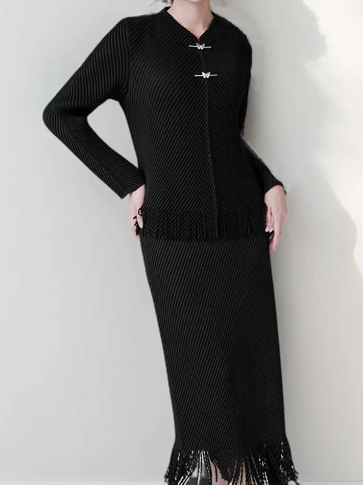 LANMREM Tassel Spliced Hem Design Pleated Women's Two Pieces Set Elastic Slim Long Sleeve T-shirt And Straight Skirt 2DB3421