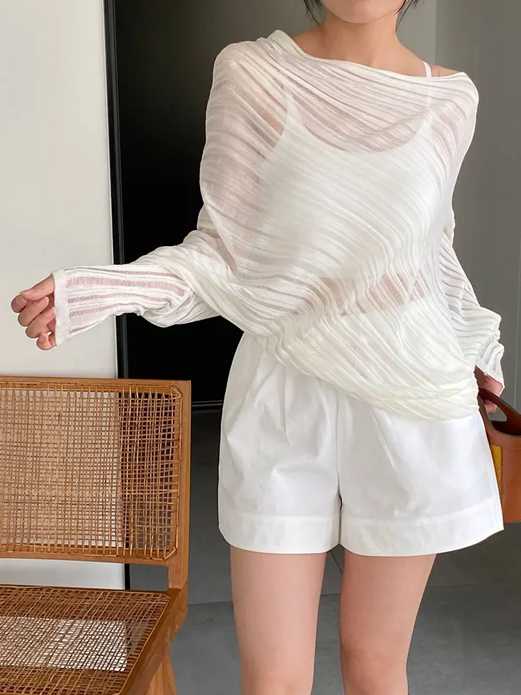 LANMREM Semitransparent Pullover Kintting Women's T-shirt 2025 Summer New Loose Casual Batwing Long Sleeve White Tops 2DB3120