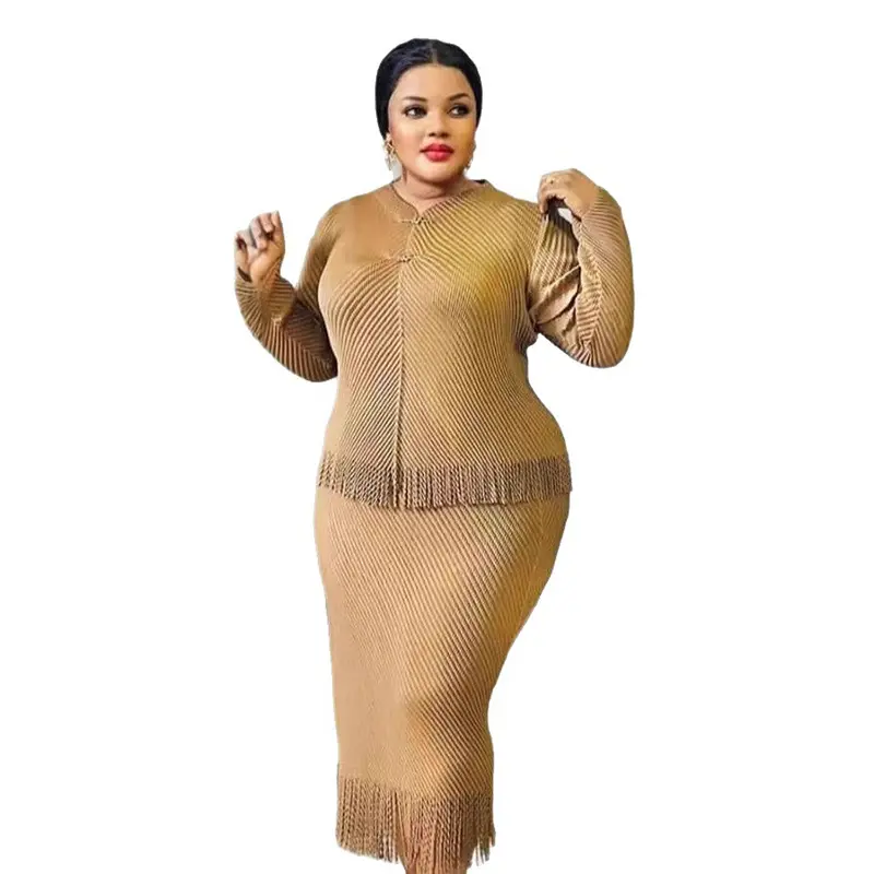 LANMREM Tassel Spliced Hem Design Pleated Women's Two Pieces Set Elastic Slim Long Sleeve T-shirt And Straight Skirt 2DB3421