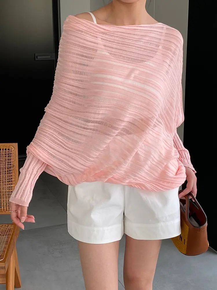 LANMREM Semitransparent Pullover Kintting Women's T-shirt 2025 Summer New Loose Casual Batwing Long Sleeve White Tops 2DB3120