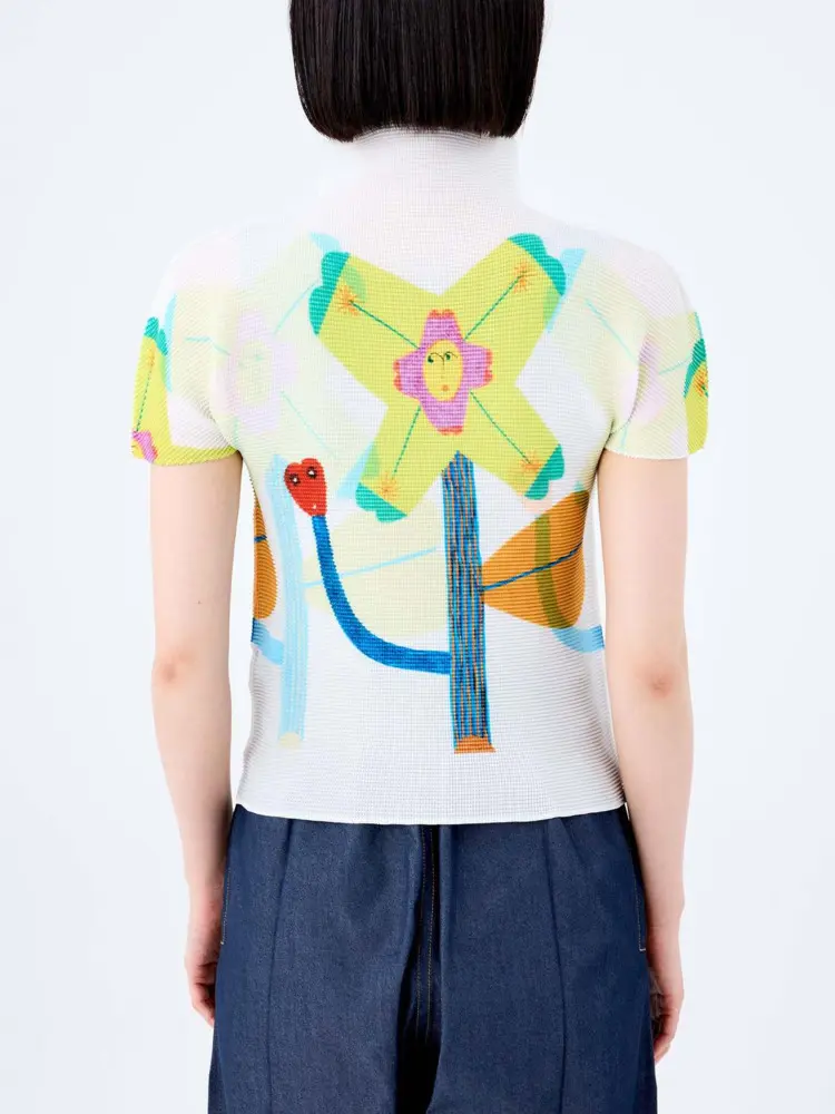 LANMREM Pleated Short Sleeve Women's T-shirt Lightweight Slim Printed Design Stand Collar Niche Pullover Tops 2025 New 2DB3003